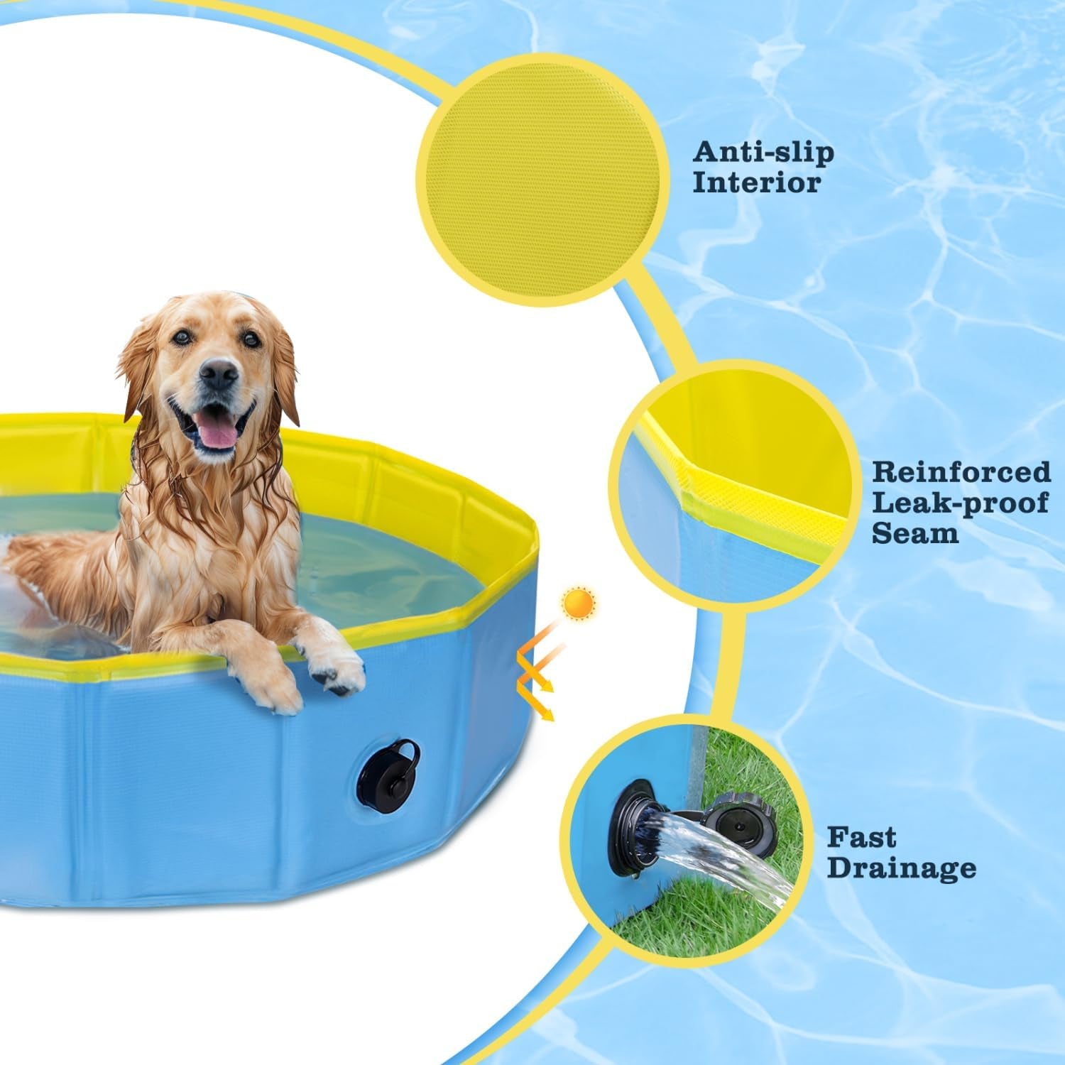 Nobleza Piscina Para Perros Grandes Y Pequeños, Bañera Plegable Rigida Antideslizante Para Mascotas, Gatos, 80 * 20Cm, S, Azul & Amarillo