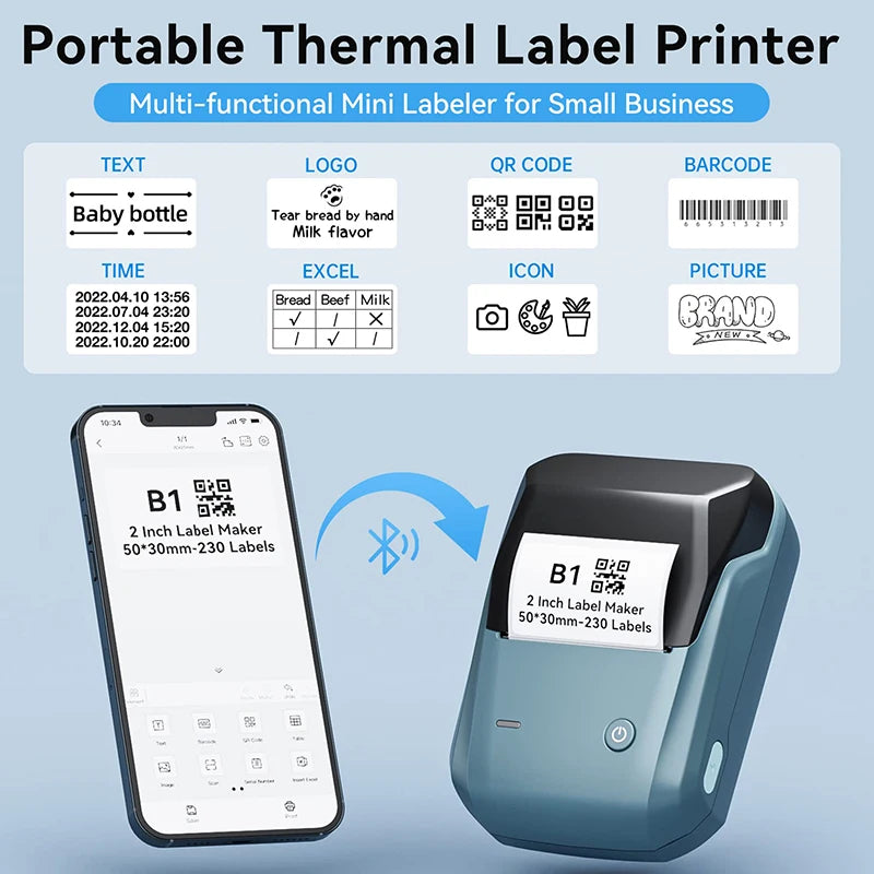 Mini Label Thermal Printer  B1 Portable Self-Adhesive Printer for Stickers round Labels Rolls UV Tag Bluetooth Printer