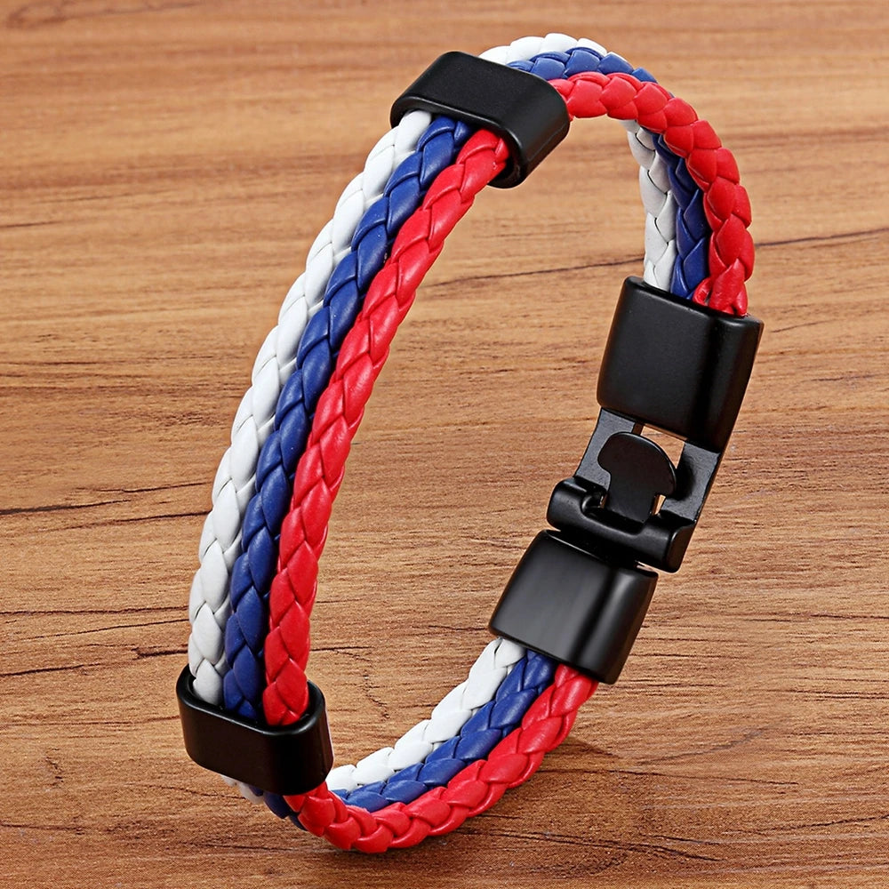Stainless Steel Men Women Spain Germany France Italy Argentina National Flag PU Leather Bracelets Handmade Jewelry