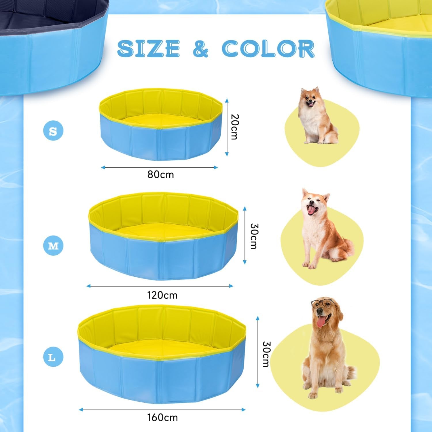 Nobleza Piscina Para Perros Grandes Y Pequeños, Bañera Plegable Rigida Antideslizante Para Mascotas, Gatos, 80 * 20Cm, S, Azul & Amarillo