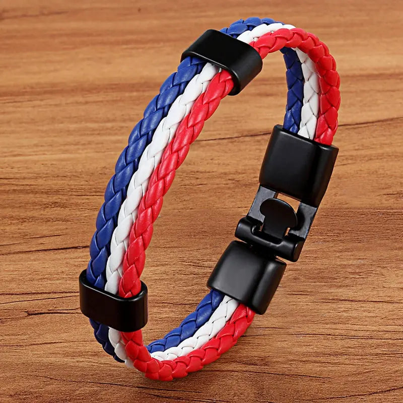 Stainless Steel Men Women Spain Germany France Italy Argentina National Flag PU Leather Bracelets Handmade Jewelry