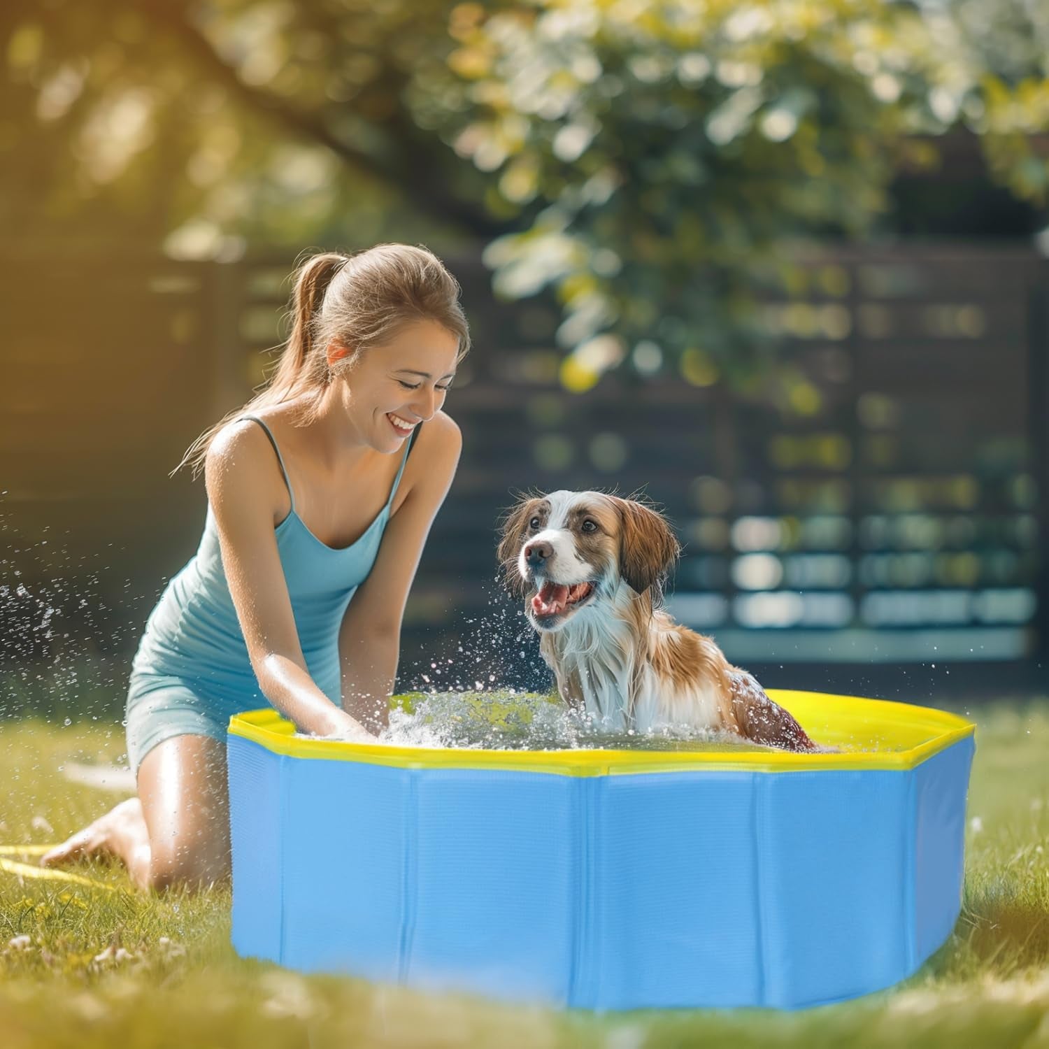 Nobleza Piscina Para Perros Grandes Y Pequeños, Bañera Plegable Rigida Antideslizante Para Mascotas, Gatos, 160 * 30Cm, L, Azul & Amarillo