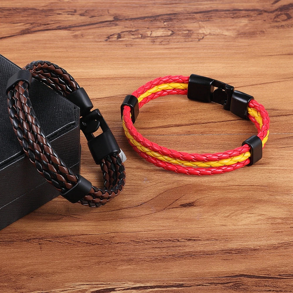 Stainless Steel Men Women Spain Germany France Italy Argentina National Flag PU Leather Bracelets Handmade Jewelry