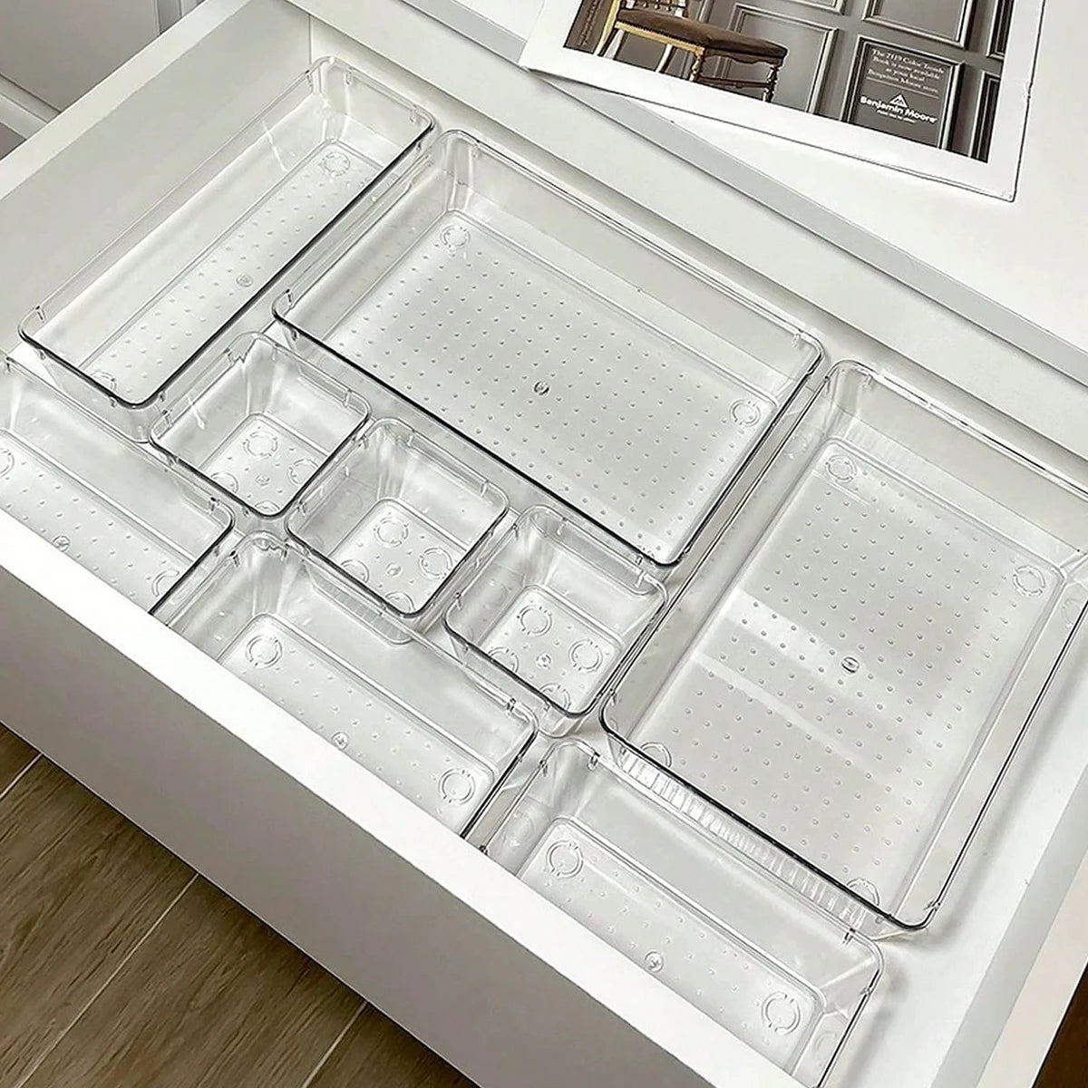 7Pc Desk Drawer Organizers Set Plastic Bathroom Storage Makeup Organizer Clear Transparent Storage Box Drawer Organizer