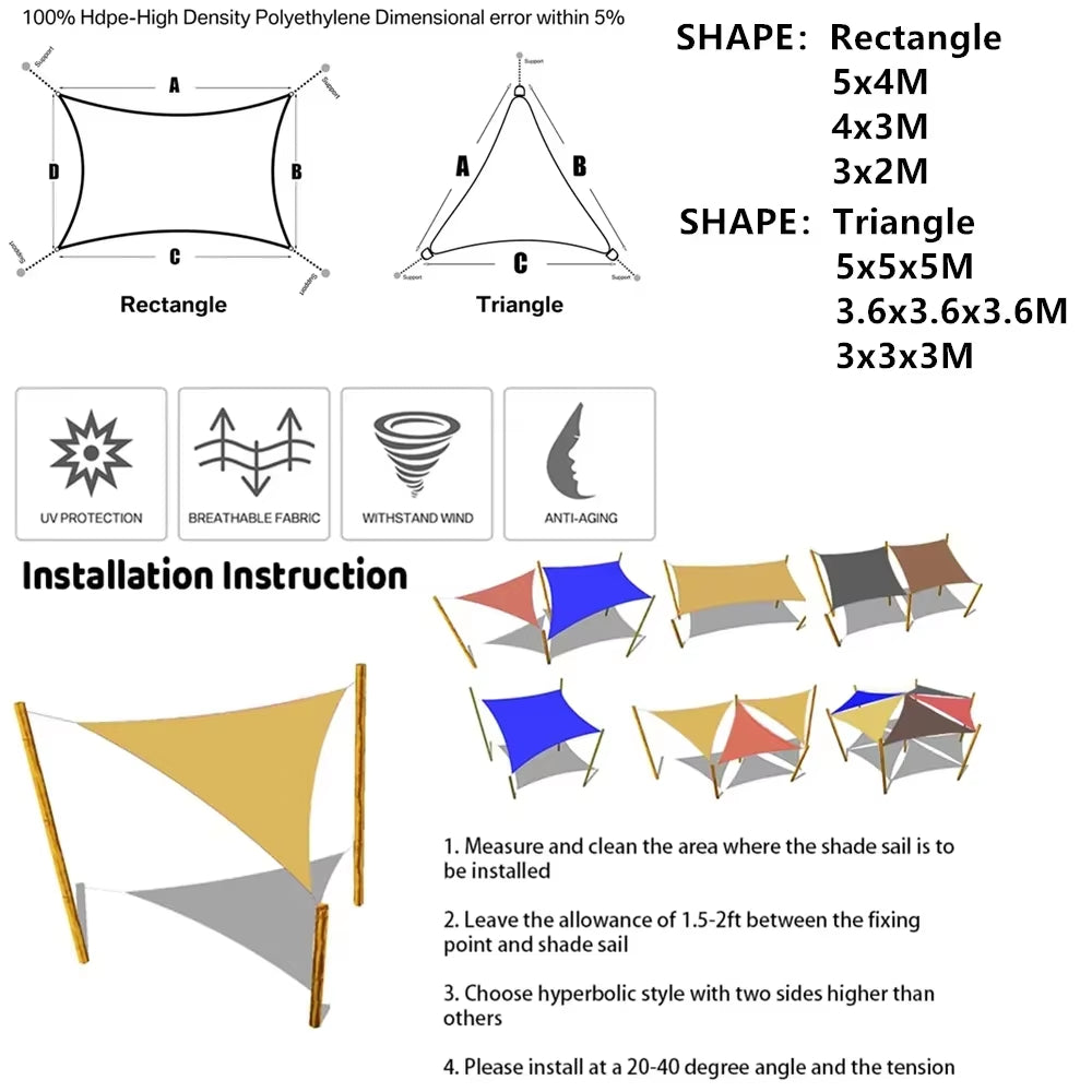 160GSM Waterproof Awning Sunshade Sun Shade Sail for Outdoor Garden Beach Camping Patio Pool Sun Canopy Tent Sun Shelter