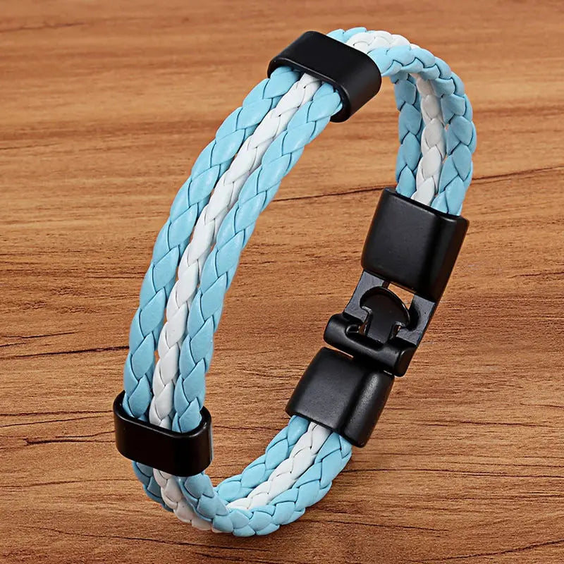 Stainless Steel Men Women Spain Germany France Italy Argentina National Flag PU Leather Bracelets Handmade Jewelry