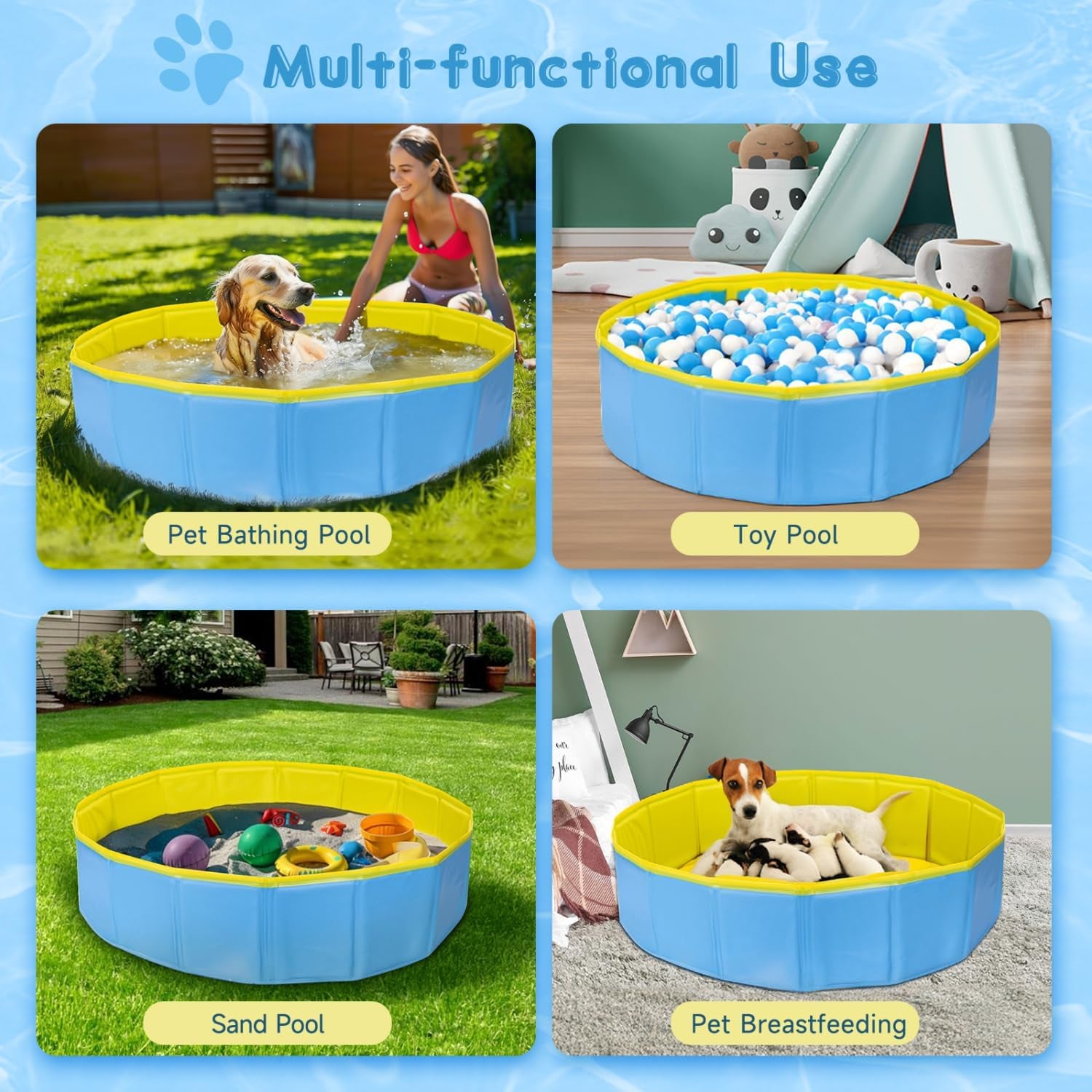 Nobleza Piscina Para Perros Grandes Y Pequeños, Bañera Plegable Rigida Antideslizante Para Mascotas, Gatos, 160 * 30Cm, L, Azul & Amarillo