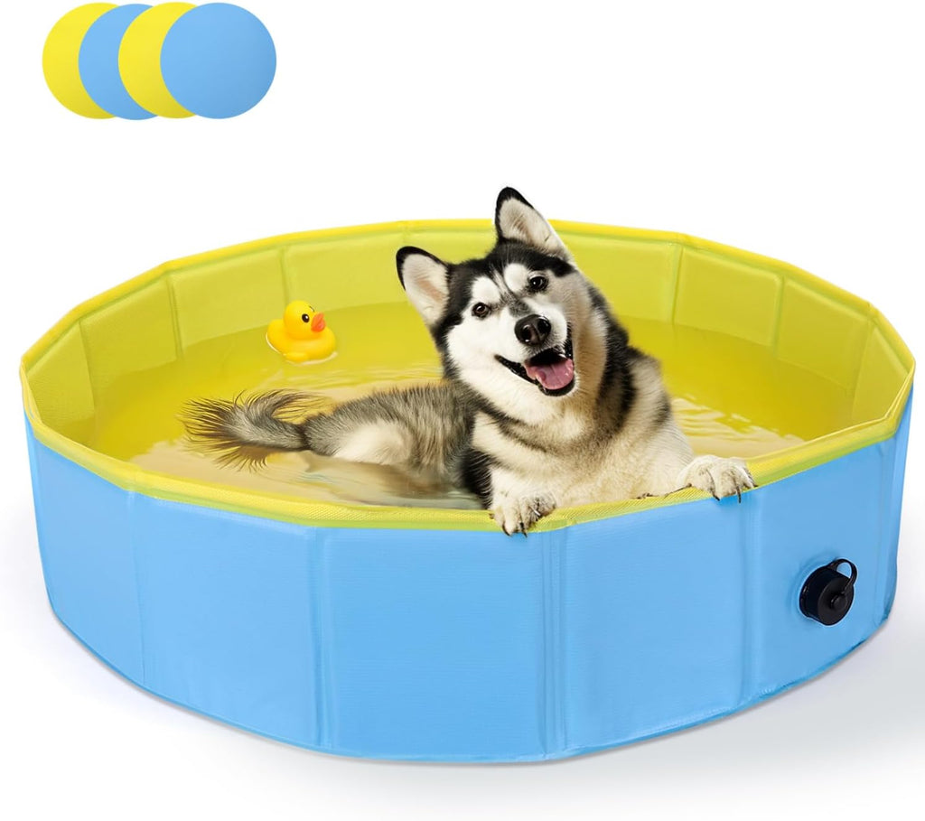 Nobleza Piscina Para Perros Grandes Y Pequeños, Bañera Plegable Rigida Antideslizante Para Mascotas, Gatos, 160 * 30Cm, L, Azul & Amarillo
