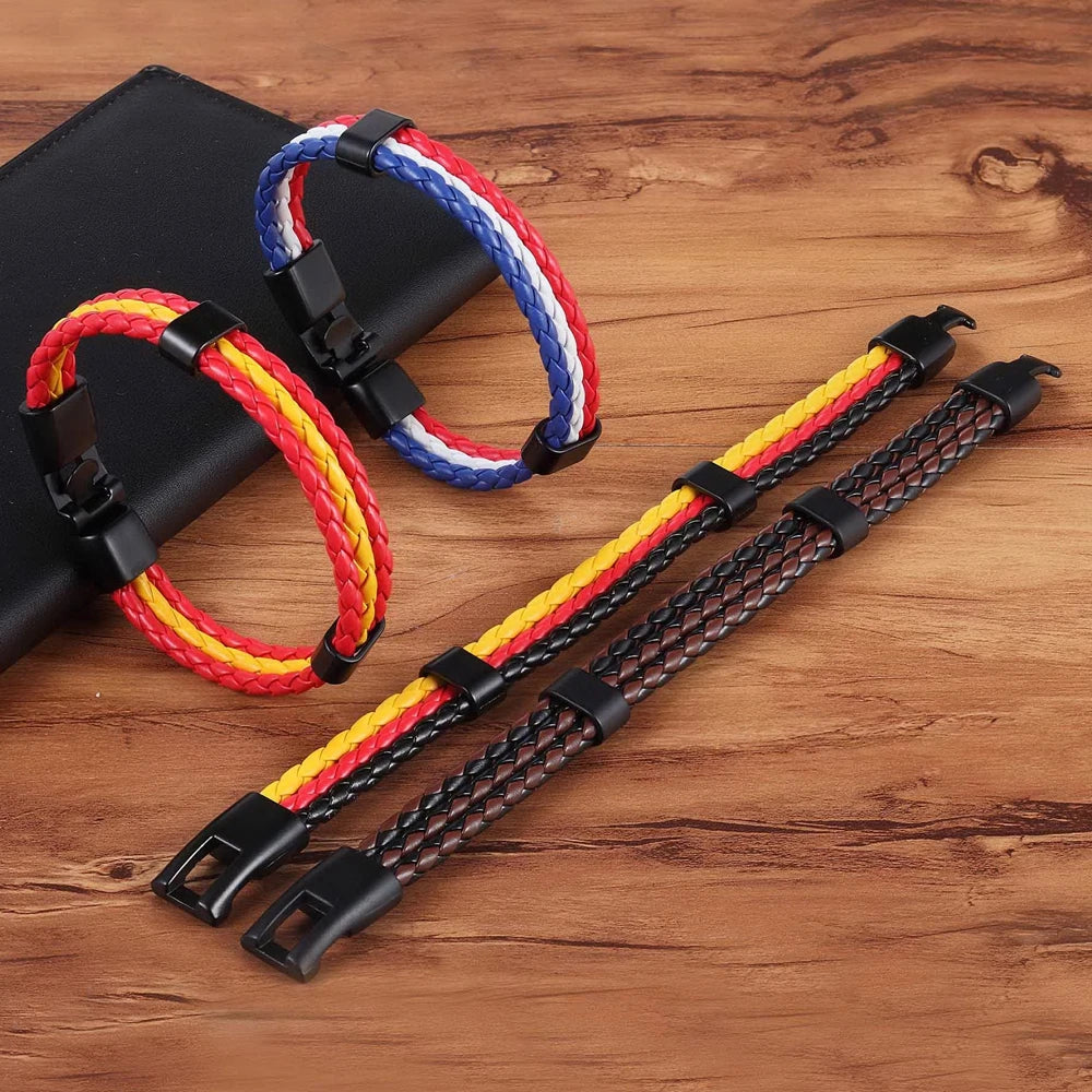 Stainless Steel Men Women Spain Germany France Italy Argentina National Flag PU Leather Bracelets Handmade Jewelry