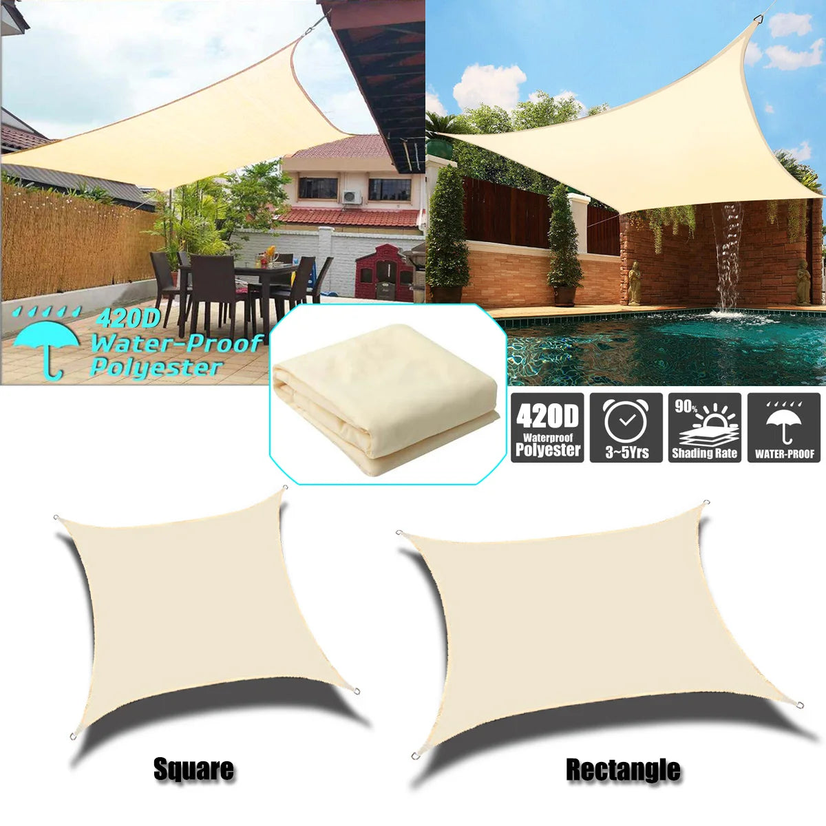 Outdoor Shade Sail Awnings Waterproof Sun Shelter Square Rectangle Sun Shade Protection Canopy Garden Patio Pool Camping Shade