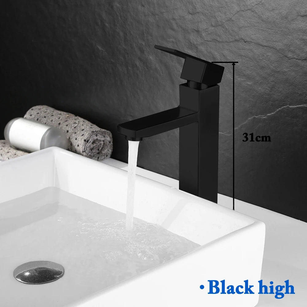 Basin Sink Bathroom Faucet Deck Mounted Hot Cold Water Basin Mixer Taps Matte Black Lavatory Sink Tap Crane（Hose Not Include）
