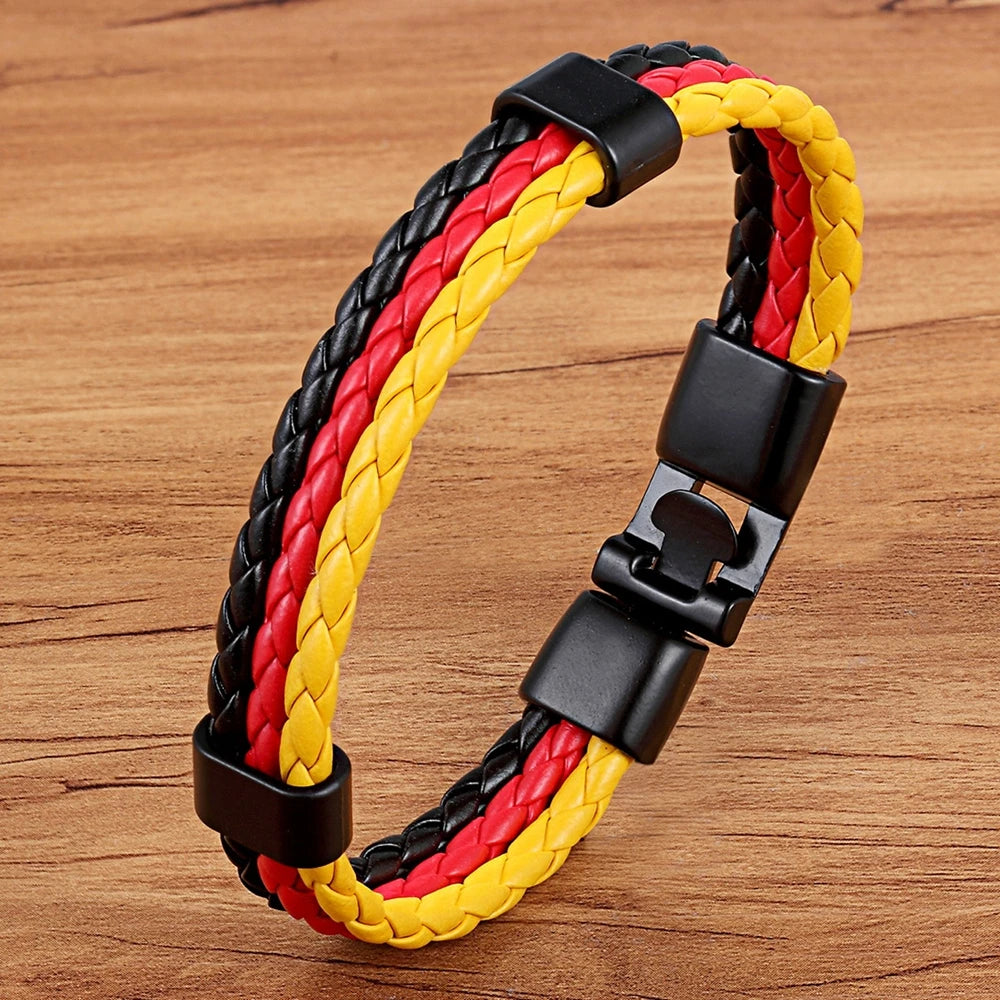 Stainless Steel Men Women Spain Germany France Italy Argentina National Flag PU Leather Bracelets Handmade Jewelry